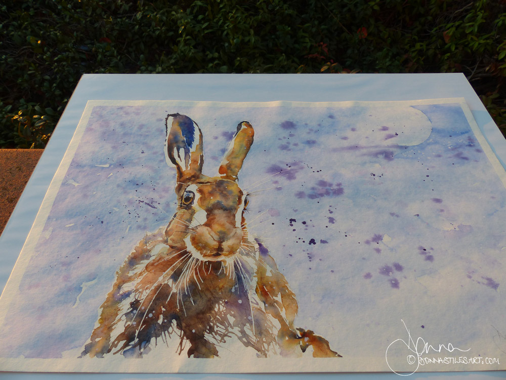 Loose watercolour hare and moon painting