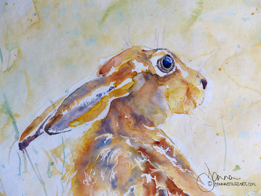 Watercolour hare and bee painting detail