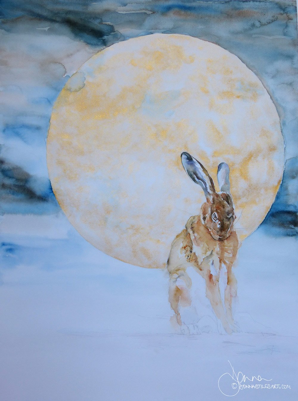 Hare art: hare and moon in watercolor