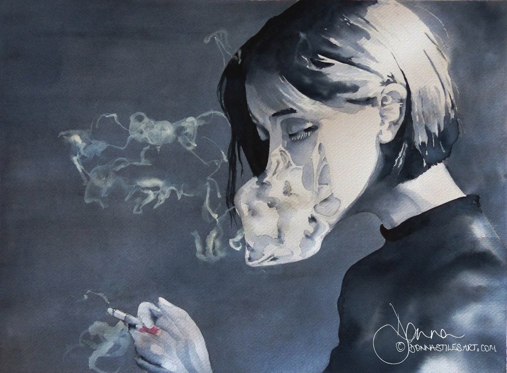 Watercolour in Payne;s Grey entitled Smoke