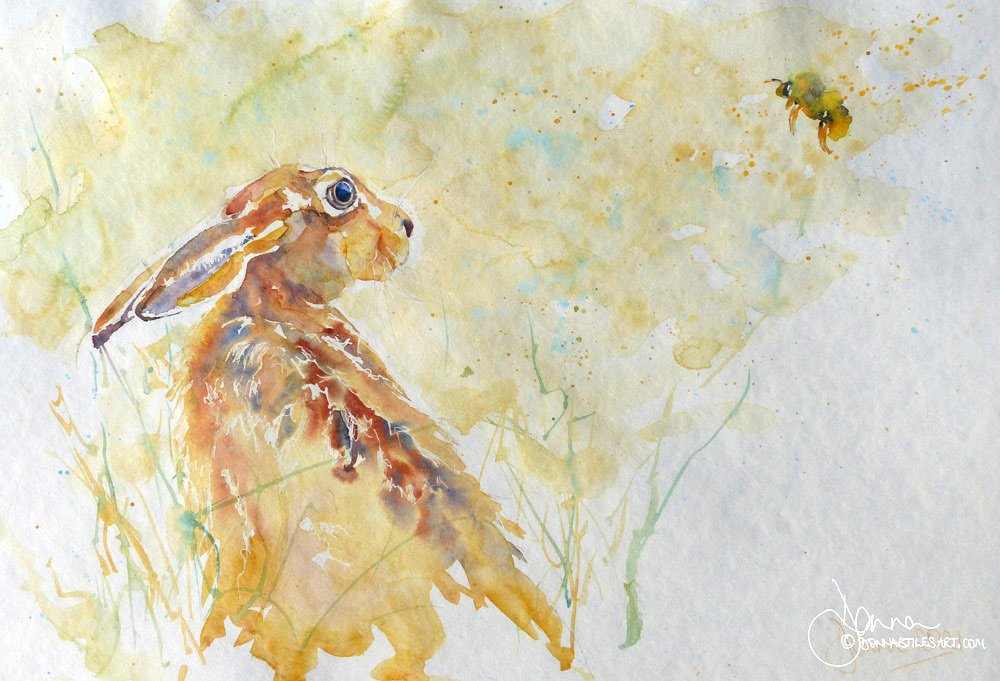 Watercolour hare and bee painting